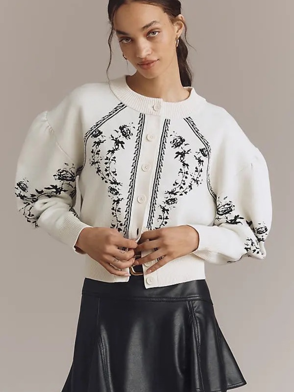 Anthropologie Cream puff sleeve sculpted Cardigan with Black Embroidered Detail